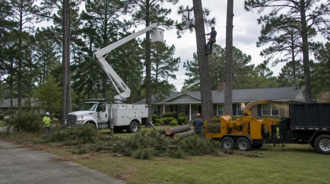 Tree crew with bucket truck and chipper removing a pine in an Upstate SC front yard