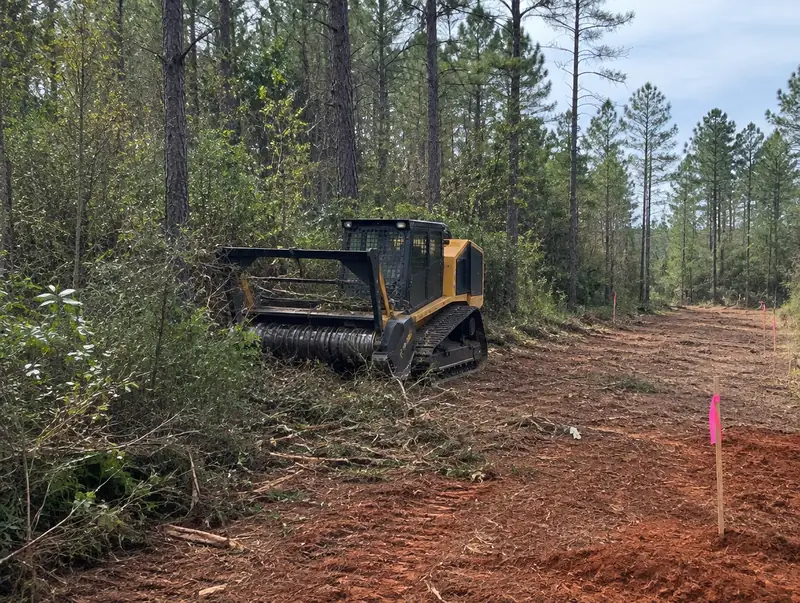 Forestry mulcher clearing pine underbrush on a wooded lot