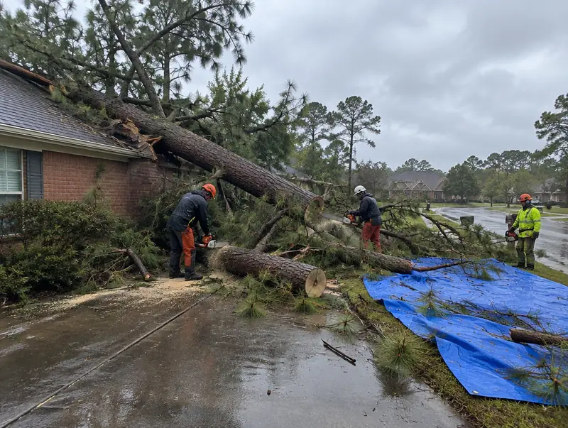 Crew cutting a storm-fallen pine off a house roof and driveway