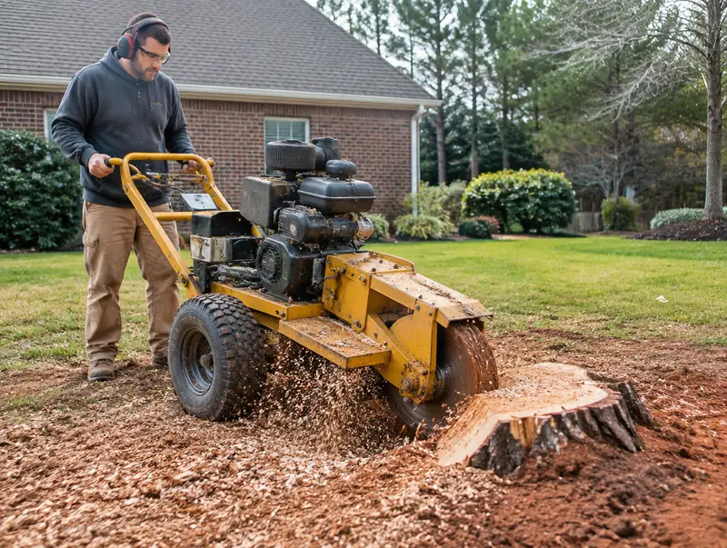 Stump grinder removing a pine stump from a lawn