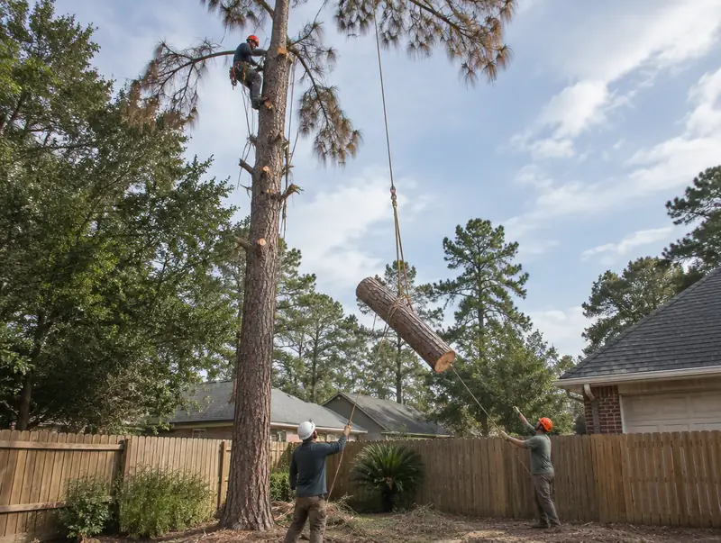 Climber lowering a sectioned pine log in a backyard